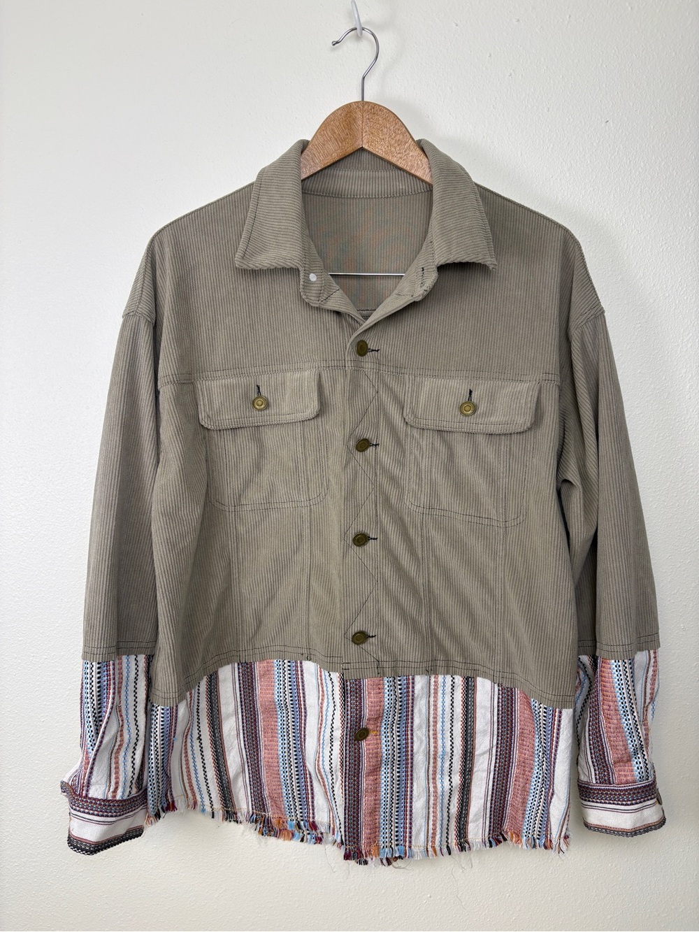 Women’s taupe corduroy and striped boho shacket lightweight shabby chic cowgirl